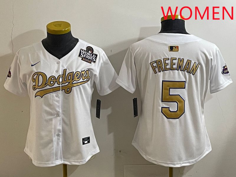 Women Los Angeles Dodgers #5 Freeman White Champion gold character 2025 Nike MLB Jersey style 4124->women mlb jersey->Women Jersey